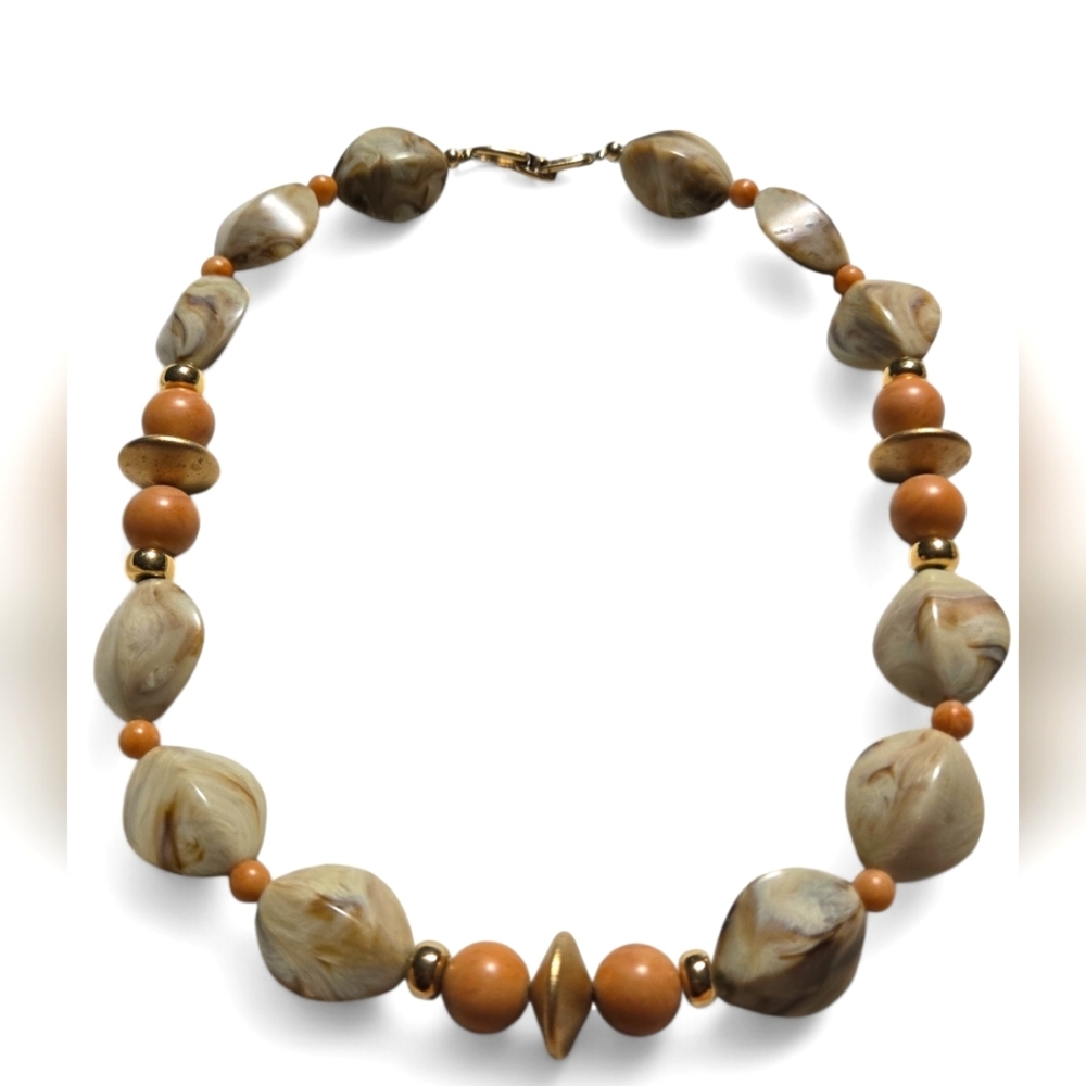 Napier Signed Vintage Faux Lucite Marbled Earth Tone Gold Beaded Necklace